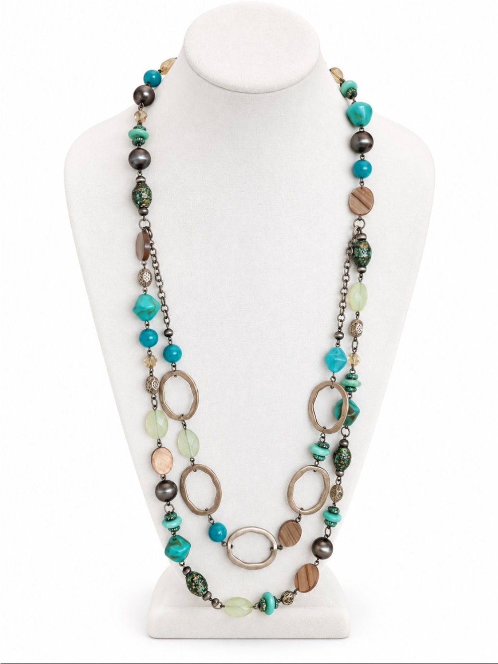 Layered Turquoise & Earth Tone Beaded Oval Link Statement Necklace
